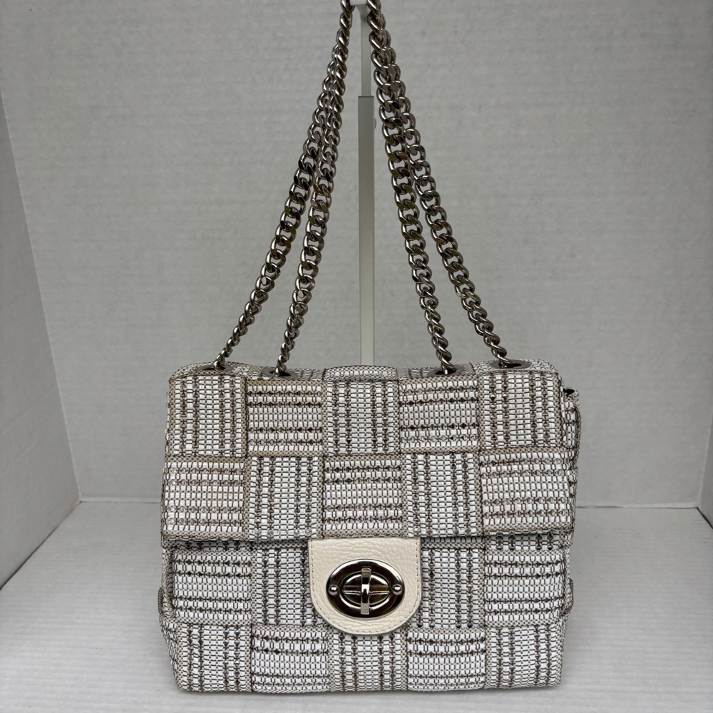 Alma Tonutti Italy Woven Shoulder Bag White Taupe Chain Strap Turn Lock Handbag